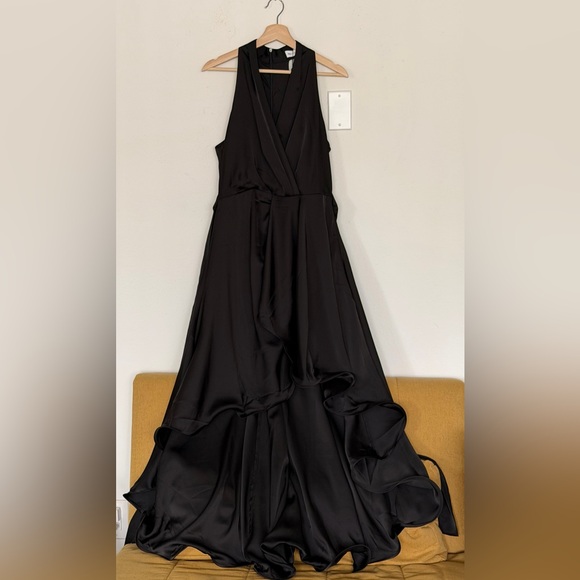 Mooyius Black Midnight Elegance Satin Halter Ruffle Gown Sz. M NWT! - Picture 2 of 6